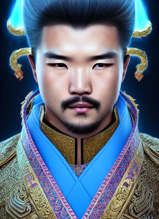 Image similar to male martial artist with a manchu hairstyle!!!! asian facial features and blue eyes!! intricate ornate blue robes!! character concept art, sharp focus, octane render! unreal engine 5! highly rendered!! trending on artstation!! detailed linework!! illustration by artgerm, wlop, and chie yoshii