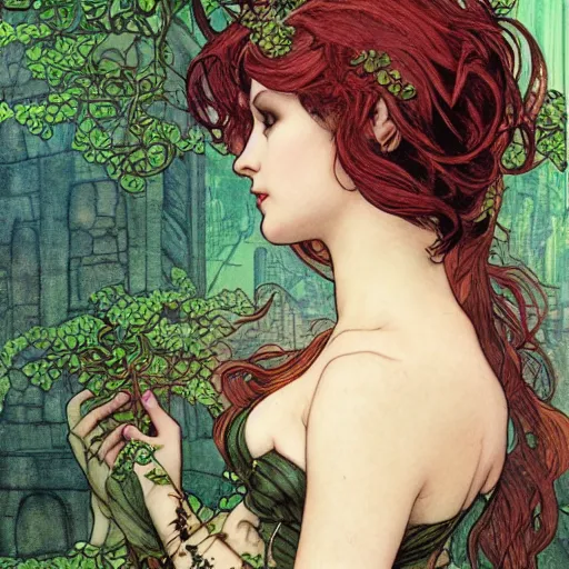 Image similar to a beautiful and detailed matte painting of a poison ivy dressed casually in clothes from hot topic, food court in a mall, dark eyeliner, intricate, elegant, highly detailed, digital painting, artstation, concept art, matte, sharp focus, illustration, art by rebecca guay and by arthur rackham and by alphonse mucha and by john william waterhouse