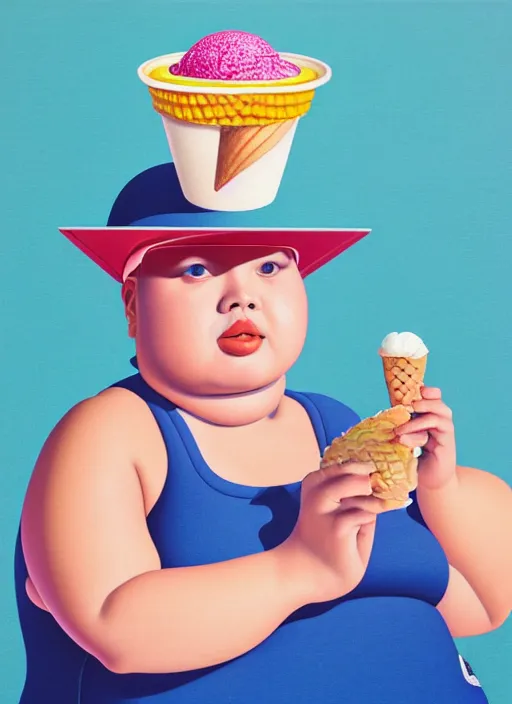 Prompt: portrait of a cute fat girl with ice cream in a racing helmet by shusei nagaoka kaws, david rudnick, airbrush on canvas, pastell colors, cell shaded 8 k