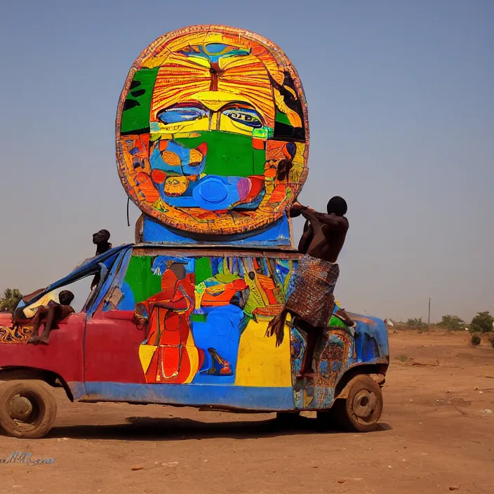 Image similar to UFO hovering over an African Jesus , colourful, in the style of Nigerian truck art (Eagle & Snake, Kano),