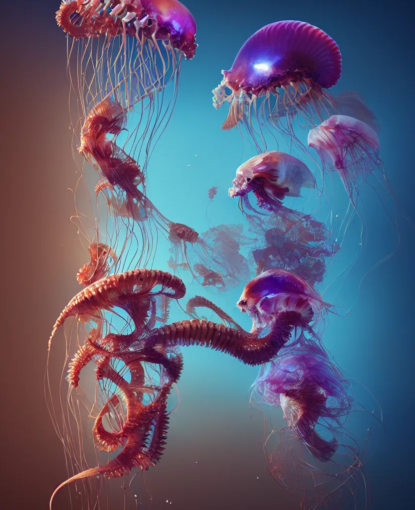 Image similar to human thorax, rib cage, ribs jellyfish phoenix head, nautilus, orchid, skull, betta fish, bioluminiscent creatures, intricate artwork by Tooth Wu and wlop and beeple. octane render, trending on artstation, greg rutkowski very coherent symmetrical artwork. cinematic, hyper realism, high detail, octane render, 8k
