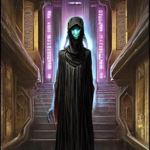 Image similar to portrait of tall, long-necked lipless mutant with scaled face and serpent eyes wearing gauze toga and standing in cyberpunk art deco mosque, alien bestiary by Barlowe, Greg Rutkowski, and Yoshitaka Amano