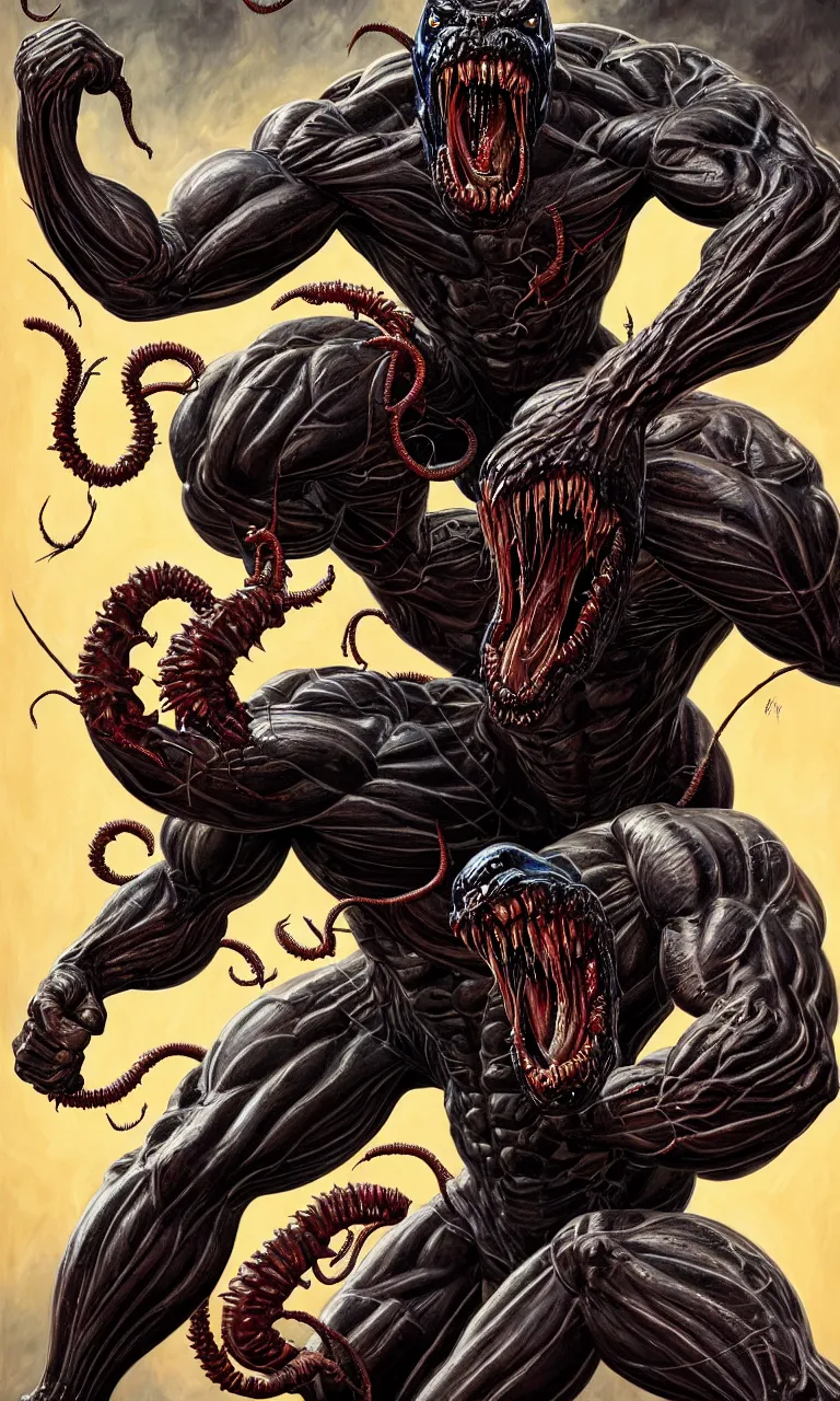 Prompt: hyper realist full body long shot portrait of bodybuilder venom legs from marvel comics!!!!, large mouth with teeth, large tongue, lovecraftian horror!!, fantasy, intricate, elegant, highly detailed, digital painting, artstation, concept art, matte, sharp focus, illustration, art by glenn fabry and giger