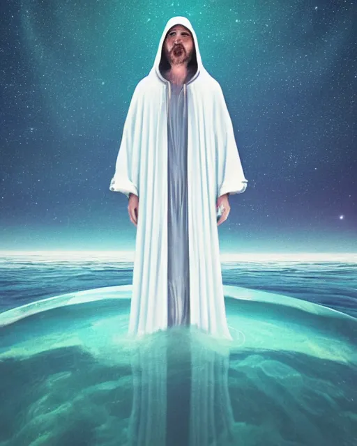 Image similar to a person wearing a white cloak standing in the water. a large planet is overhead. an album cover by stanley twardowicz, trending on cg society, retrofuturism, retrowave, chillwave, synthwave