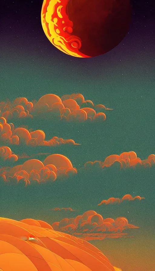 Image similar to copper moon floating on cosmic cloudscape at sunset, futurism, dan mumford, victo ngai, kilian eng, da vinci, josan gonzalez