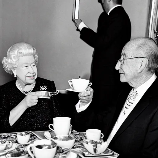 Prompt: queen elizabeth drinking tea with piero angela