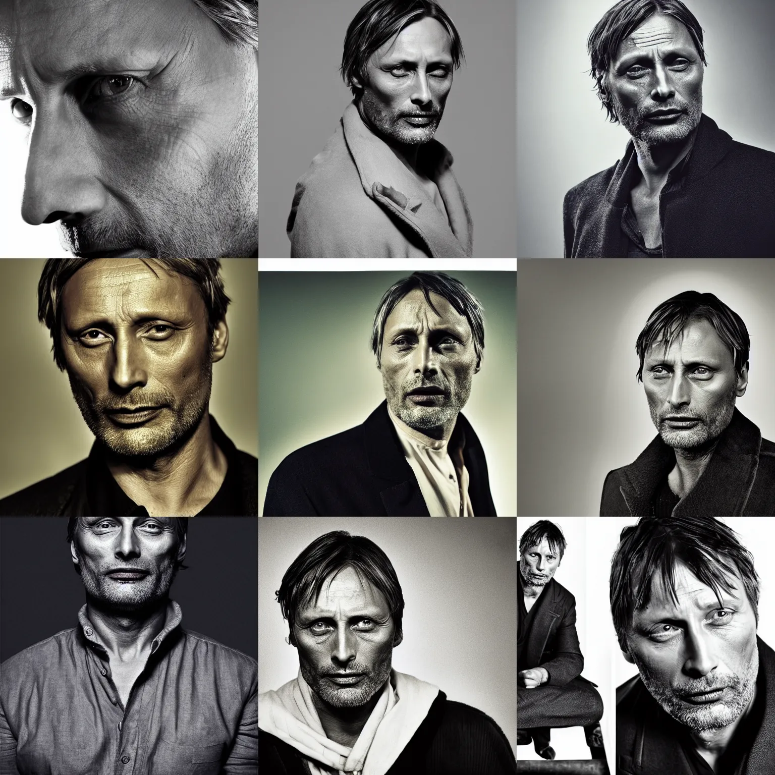 Prompt: the medium portrait photo of mads mikkelsen in black studio using top light fresnel, still from the photo shoot by andrzej dragan with art direction by beksinski