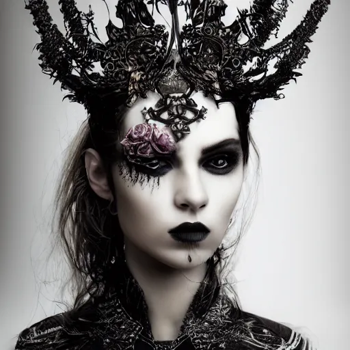 Prompt: a portrait of female model by stefan geselle and nekro borja, photorealistic, intricate details, hyper realistic, dark fantasy, ornate headpiece, dark beauty, photorealistic, canon r 3, photography, wide shot