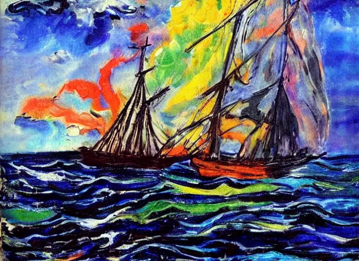 Prompt: the tempest fauvist maritime painting saturated colors deep blacks
