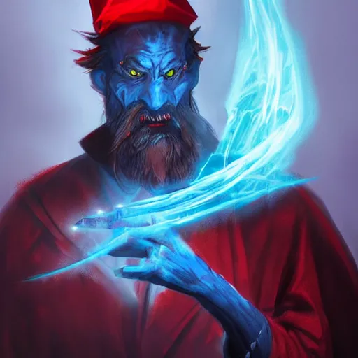 Prompt: A character study of an evil sorcerer with blue energy glowing from his hands, he has a red hat, concept art by Guillaume Menuel, character design, high detail, fantasy art