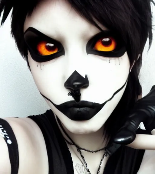 Image similar to tracer from overwatch, wearing black lipstick and black eyeliner, goth outfit, black hair, 4 k, detailed face, smirky expression, detailed face, focus on eyes, blur,