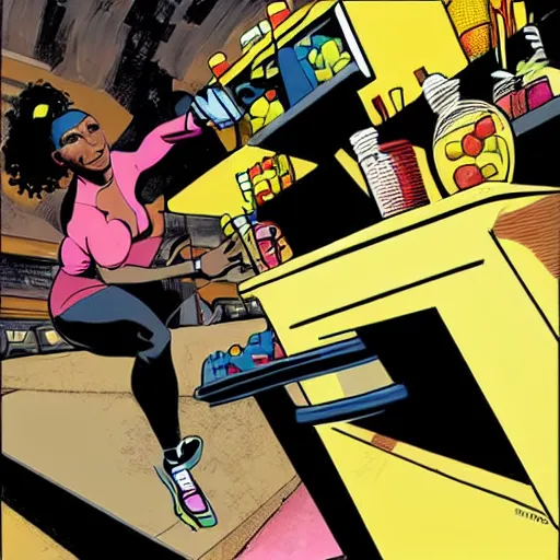 Image similar to In the style of Rafael Albuquerque comic art, Serena Williams opening a lemonade stand.