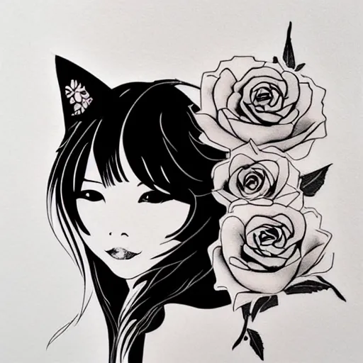 Image similar to tattoo design, stencil, cat girl, portrait of a beautiful japanese girls face framed by roses by artgerm, artgerm