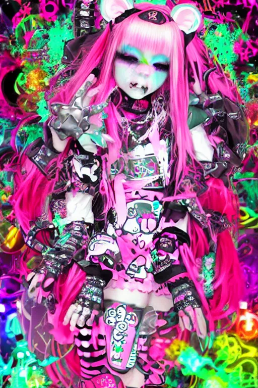 Image similar to cybergoth decora glitchcore yokai girl, sanrio ornaments, pastel cute cinematography | spiked korean bloodmoon sigil stars draincore, gothic demon hellfire hexed witchcore aesthetic, dark vhs gothic hearts, neon glyphs spiked with red maroon glitter breakcore Y2K horrorcore metal album cover