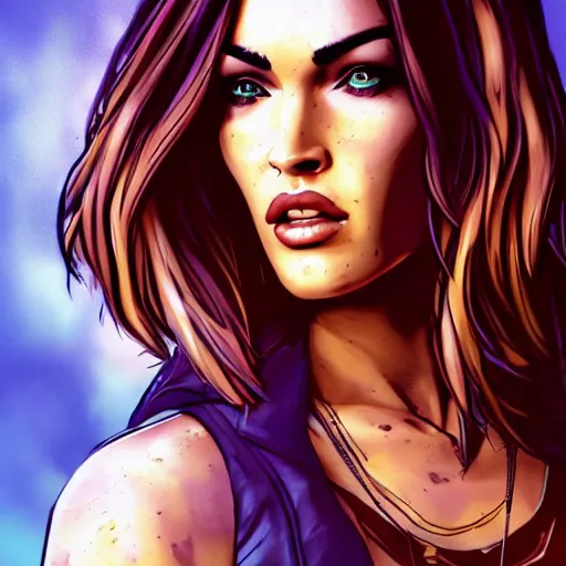 Image similar to megan fox portrait, borderlands, tales from the borderlands, the wolf among us, comic, cinematic lighting, studio quality, 8 k