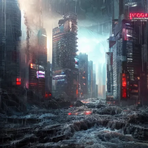 Image similar to a giant terrifying stream destroying a dystopian city, cyberpunk, sharp focus, dynamic lights, still, photograph, hyper realistic, masterpiece, octane render, rendered, 3 d, cinematic, cinematic lighting, dramatic lighting, highly detailed, intricate details, texture, cinematic composition, by donglu yu and kevin jick and eddie del rio