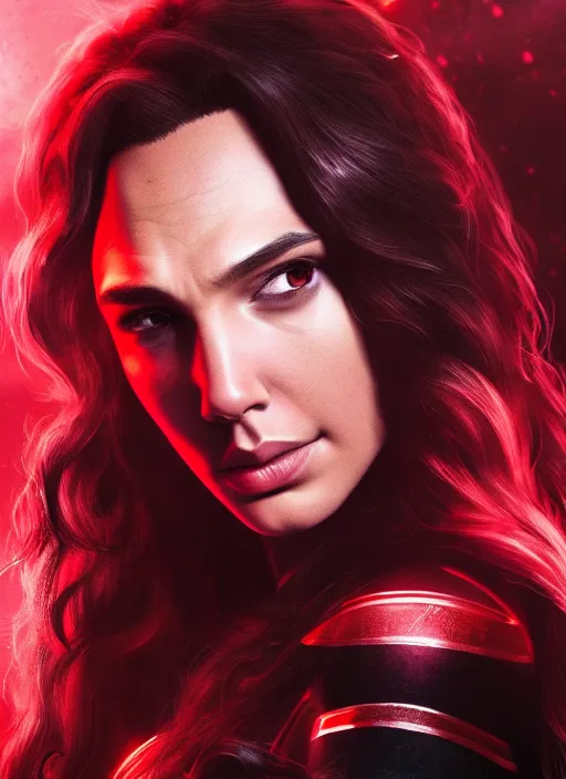 Prompt: a potrait of gal gadot as wanda maximoff by Zack Snyder, 8k photorealistic, cinematic lighting, HD, high details, dramatic, trending on artstation, view from above