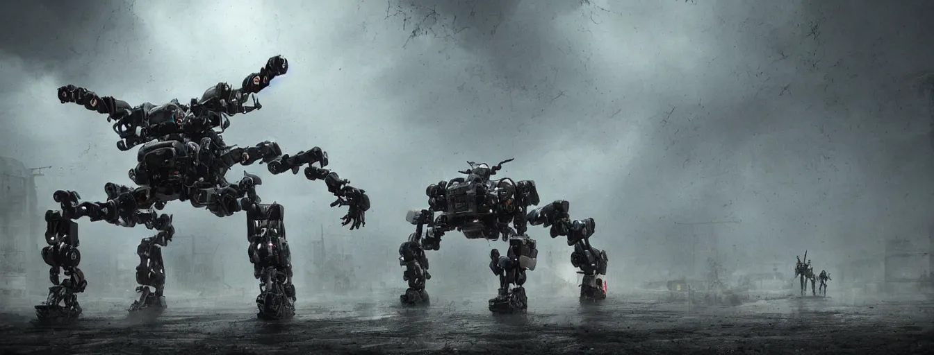 Prompt: image of terrific and creepy gigantic 8 - leg spider mech robot with volumetric lights, running and hunting remaining humans in a heavy rainy post - apocalyptic world, high detail, dramatic moment, motion blur, ground fog, dark atmosphere, saturated colors, by james paick, render unreal engine - h 7 0 4