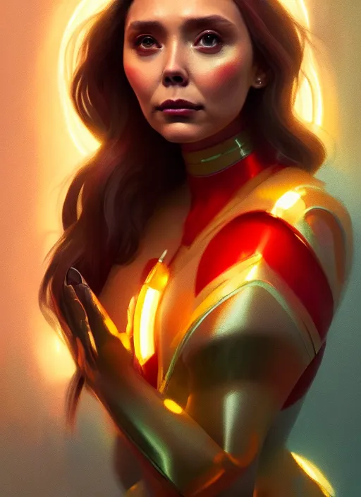 Image similar to portrait of modern darna, elizabeth olsen, intricate, elegant, glowing lights, highly detailed, digital painting, artstation, glamor pose, concept art, smooth, sharp focus, illustration, art by wlop, mars ravelo and greg rutkowski