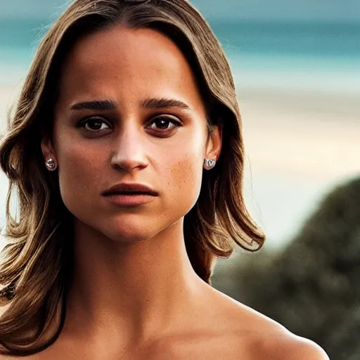 Image similar to alicia vikander. facing away from us. watches sunset. perfect anatomy. meticulous detail