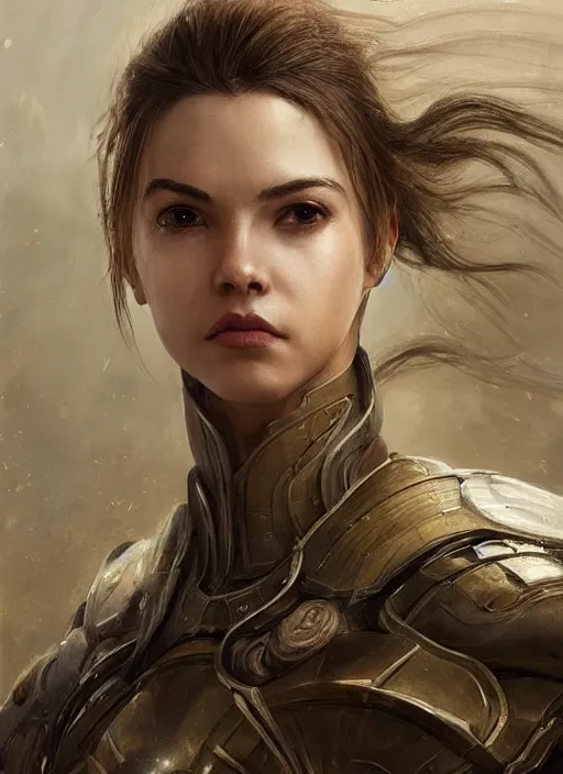 Image similar to a professional portrait of a beautiful young female, clothed in ethereal battle armor, olive skin, long dark hair, beautiful bone structure, symmetrical facial features, intricate, elegant, digital painting, concept art, smooth, sharp focus, finely detailed, illustration, from Valerian and the City of a Thousand Planets, in the style of Ruan Jia and Mandy Jurgens and Artgerm and Greg Rutkowski and William-Adolphe Bouguerea