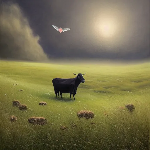 Prompt: a detailed matte landscape painting of a cow standing in a grassy field wearing a witch hat, cow wearing hat!!!! viewed in profile, fog and flying glowing moths in the background, ultrawide lens, aerial photography, black and blue color scheme with gold highlights, art by paul kidby, 8 k