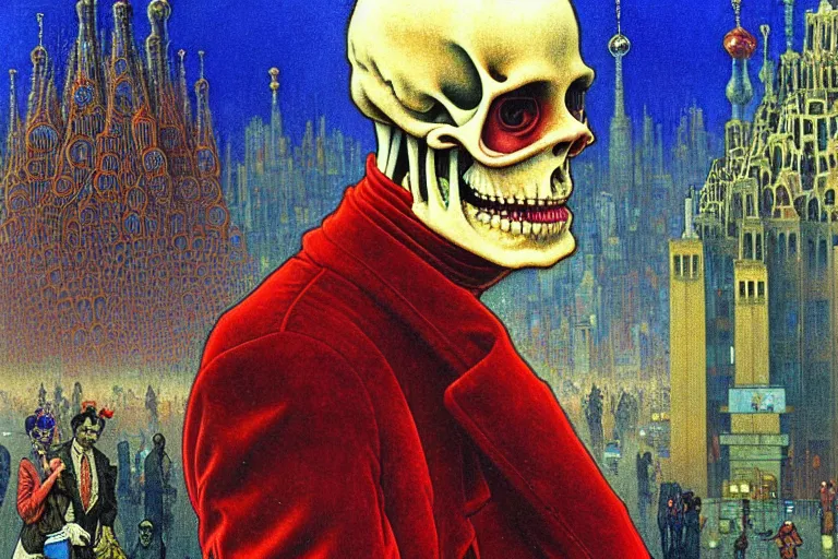 Image similar to realistic detailed closeup portrait painting of a single skeleton wearing red velvet blazer in a crowded futuristic moscow street by Jean Delville, Amano, Yves Tanguy, Alphonse Mucha, Ernst Haeckel, Edward Robert Hughes, Roger Dean, rich moody colours, blue eyes