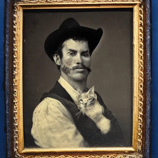 Image similar to close - up portrait of a cowboy holding a cat, 1 8 0 0 s