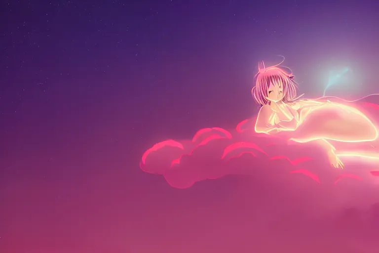 Image similar to a cute anime girl sleeping on a cloud, misty, glows, digital art, hazy, foggy, ambient lighting, 8 k, neon, synthwave,