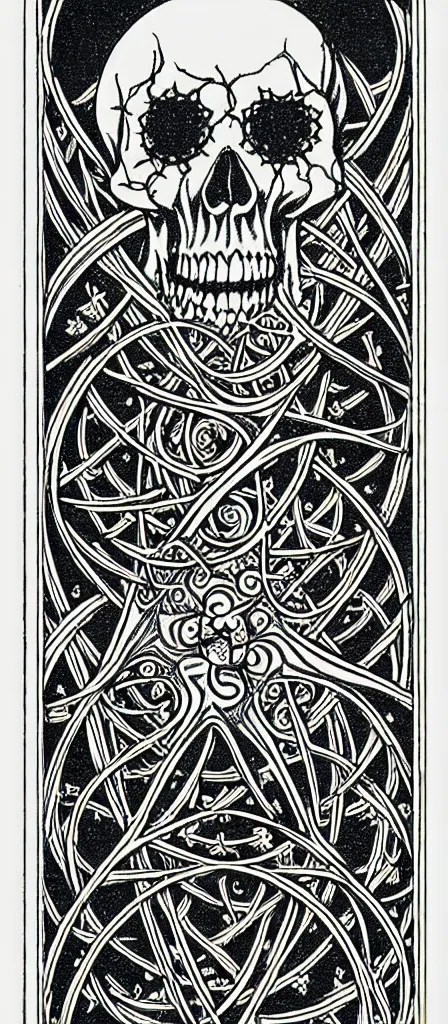 Image similar to a beautiful fractal tarot card featuring bold occult imagery with clean lines. skulls. punk. dimension. haeckel. fish and sea creatures. detailed adult coloring book