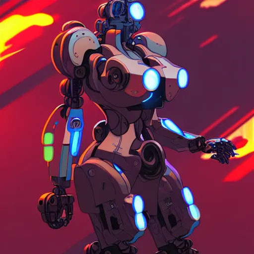 Image similar to a full body character design by artgerm, cushart krenz, ross tran, alphonse mucha. grungy industrial rectangular faceless mech robot wreathed in flame!! bold outline sharp edges. ultra clear detailed. 8 k. elegant, neon colors, dynamic angle, intricate complexity, epic composition, action pose, cinematic lighting masterpiece