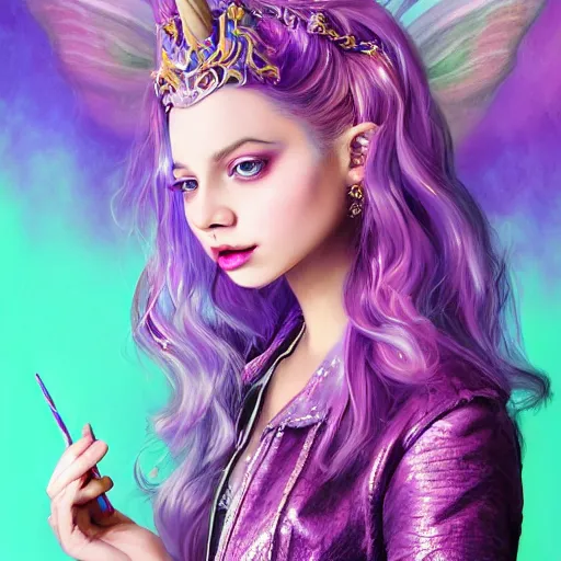 Image similar to A masterpiece portrait of a Incredibly beautiful. princess. Heroin chic beautiful Unicorn Fairy tale girl. The Candy Queen. Purple leather jacket. Candies in her hair. Pink background. medium shot, intricate, elegant, highly detailed. trending on artstation, digital art, by Stanley Artgerm Lau, WLOP, Rossdraws, James Jean, Andrei Riabovitchev, Marc Simonetti, Yoshitaka Amano