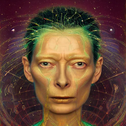 Image similar to Woman masterpiece, Tilda Swinton, gold liquid, bald, multiple halos, blood dripping down the head, yellow, galaxies in the background, golden halo behind her head, wires everywhere, by Edgar Maxence and Ross Tran, Zdzisław Beksiński, and Michael Whelan, gustav dore, H.R. Giger, 8k, octane render