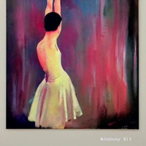 Prompt: in the style of a lit with a bright flash that gives the subject the appearance of having been the unsuspecting subject of late night polaroid snapshots, a ballerina on tip toe on stage, by ashley wood, yoji shinkawa, 6 0's french movie poster, french impressionism, natural colors, palette knife and wide brush strokes