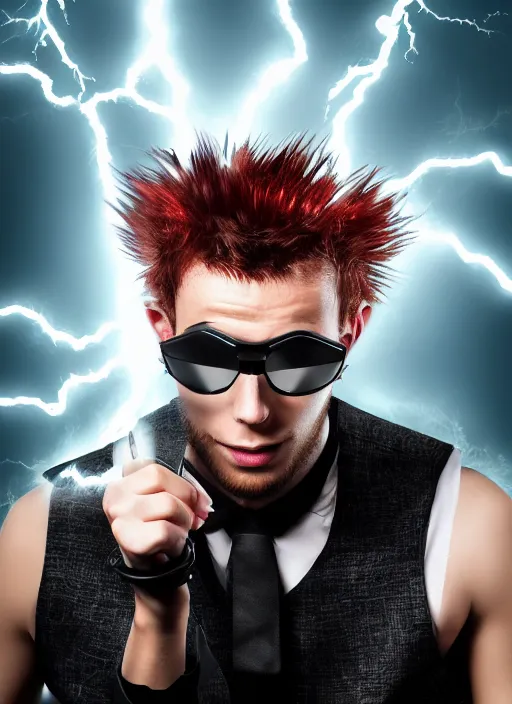 Image similar to photorealistic young man with red spiked long hair, using googles. Wearing black waistcoat, white shirt. rockstar. dynamic lightning. rpg portrait