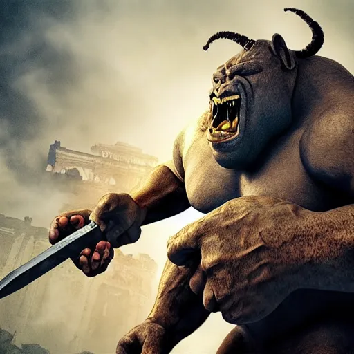 Prompt: immense, colossal demonic ogre. brutal. with bulging muscles. wearing a silver mesh necklace filled with amber. holding an enormous obsidian sword. rampaging across the burning ruins of an ancient city. digital art.