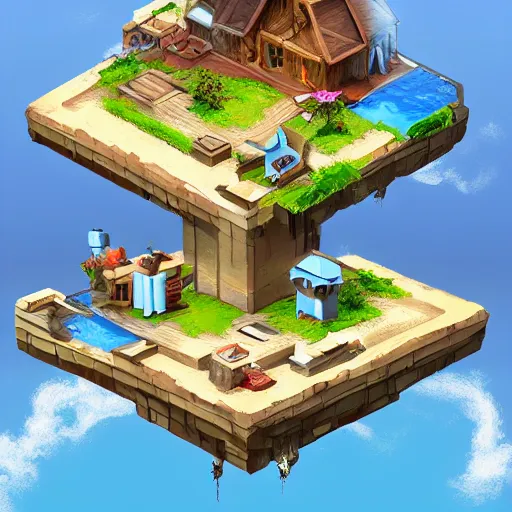 Prompt: a computer generated image of a house on a floating island, a screenshot by senior artist, artstation, lyco art, isometric, 2 d game art, behance hd