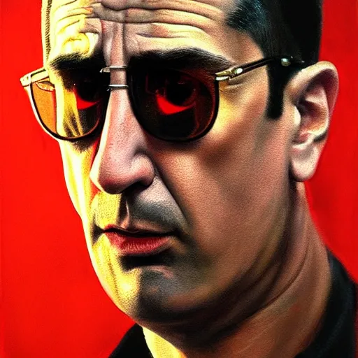 Image similar to realistic portrait of travis bickle ( robert deniro ), trending on artstation, low angle oil painting and composition laws, cinematic lighting, hyperdetailed, cgsociety, 8 k, martin scorsese cinematography, taxi driver