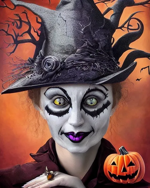 Image similar to halloween witch theme surrealist art in the styles of igor morski, jim warren, and a tim burton film, intricate, hyperrealistic, accurate facial details, profile picture with chromakey background, volumetric lighting