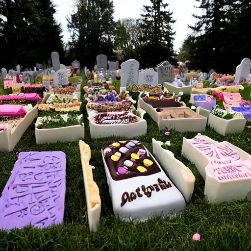 Image similar to Graveyard made out of desserts. Cookies in the shape of tombstones, cakes that look like coffins, and ice cream sundaes that have been made to look like graves. The whole graveyard is surrounded by a fence made of candy bars, and the entryway is guarded by two big chocolate Chip cookies. Photography.