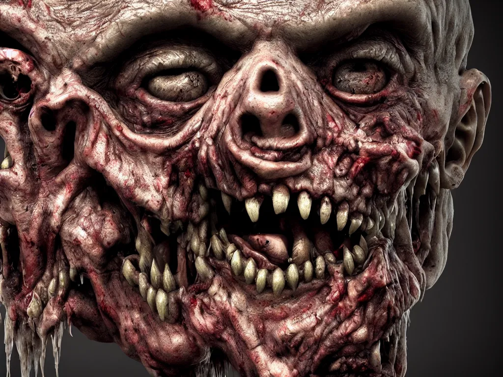 Image similar to zombie close up, grotesque, ugly, moody, 3 d, 3 d render, realistic, hdr, stan winston studios, dramatic lighting, cinematic lighting, studio quality, perfect image