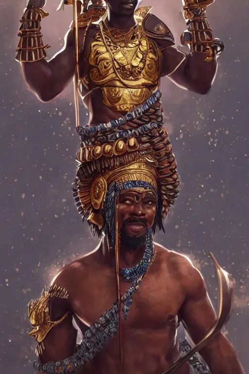 Image similar to ogun with a great spear, African warrior deity with golden and jeweled adornment, orisha God hunters and craftsmen, strong masculine features, menacing cinematic mid portrait, digital illustration, octane render trending on arstation by artgerm, raphaelite and mucha