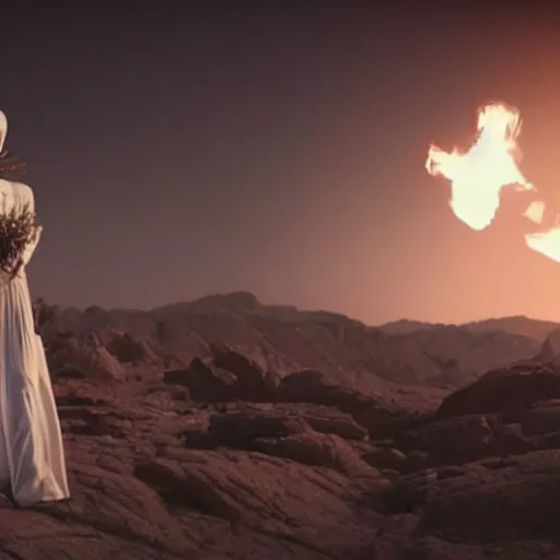 Prompt: The full body shot of beautiful pale woman with white flowers and full-face golden mask in a rocky desert landscape, a giant mirror and smoke around her, volumetric lighting, fire, multiple eyes and dry earth by Denis Villeneuve, Lubezki, Gaspar Noe and Christopher Doyle, anamorphic lens, anamorphic lens flares, kodakchrome, cinematic composition, practical effects, award winning photo, 8k