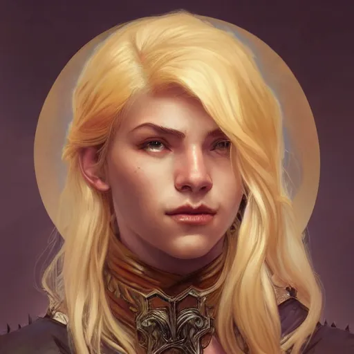 Image similar to an epic fantasy comic book style portrait painting of a young blonde thief, d & d, fantasy, joyful smirk, intricate, elegant, digital painting, artstation, concept art, extremely detailed, matte, sharp focus, illustration, art by artgerm and greg rutkowski and alphonse mucha