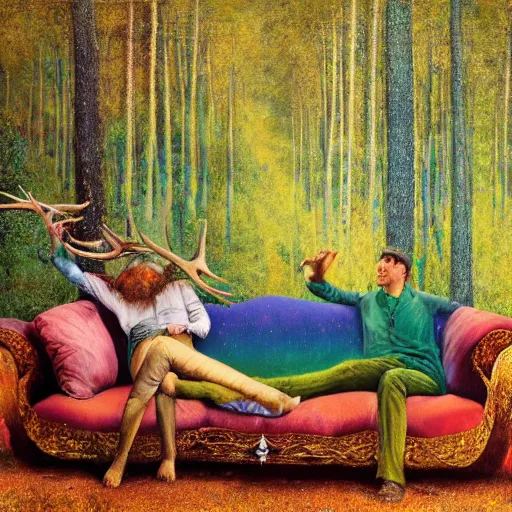 Image similar to psychedelic couch sofa in the lush pine forest, milky way, people with moose antlers, designed by arnold bocklin, jules bastien - lepage, tarsila do amaral, wayne barlowe and gustave baumann, cheval michael, trending on artstation, star, sharp focus, colorful refracted sparkles and lines, soft light, 8 k 4 k