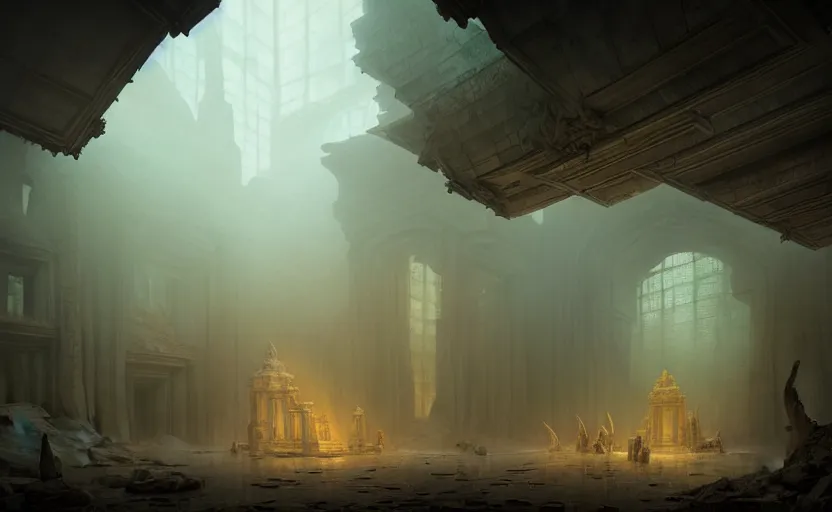 Prompt: The interior of an mytical and ancient temple dragons in ruins, atmospheric lighting, fog, mysterious, arem, intricate, elegant, volumetric lighting, digital painting, highly detailed, artstation, sharp focus, illustration, concept art, ruan jia, steve mccurry