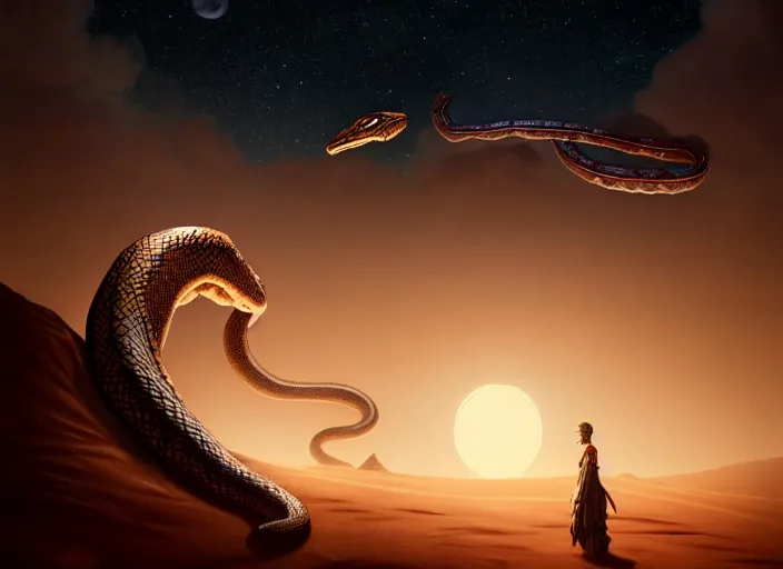 Image similar to giant snake on a moonlit desert, fantasy, d & d, art by artgerm and greg rutkowski, cinematic shot, intricate, ornate, photorealistic, ultra detailed, trending artstaition, realistic, 1 0 0 mm, photography, octane, high definition, depth of field, bokeh, 8 k