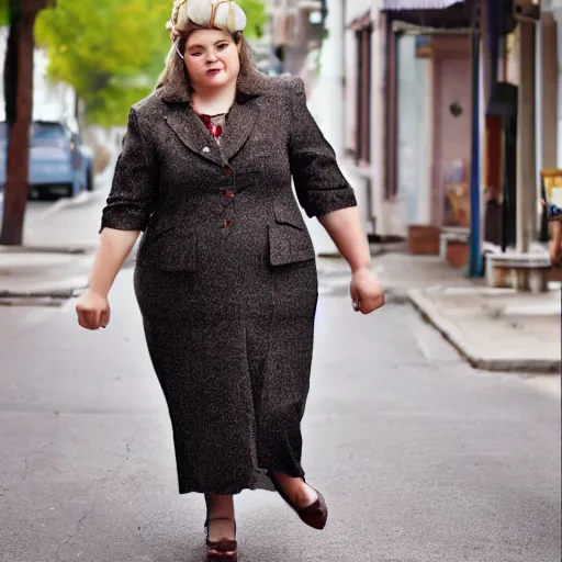 Image similar to a giant beautiful chubby well - dressed woman walking around a small town, photo, realistic