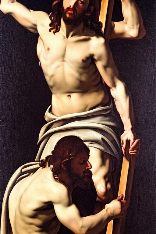 Prompt: a highly realistic oil painting of Christ carrying the Cross over his shoulders, vey detailed faces, landscape background, chiaroscuro, by Caravaggio