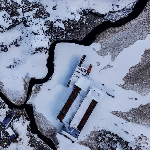 Image similar to snowy region on coast of Iceland, old mine and crates full of supplies buried in snow::2 aerial drone perspective, top down view ::1 sattelite image of snow from 150 meters height, some coal boxes and barrels are covered in snow, old mine remains :: 1 snow, wind falling snow ::1